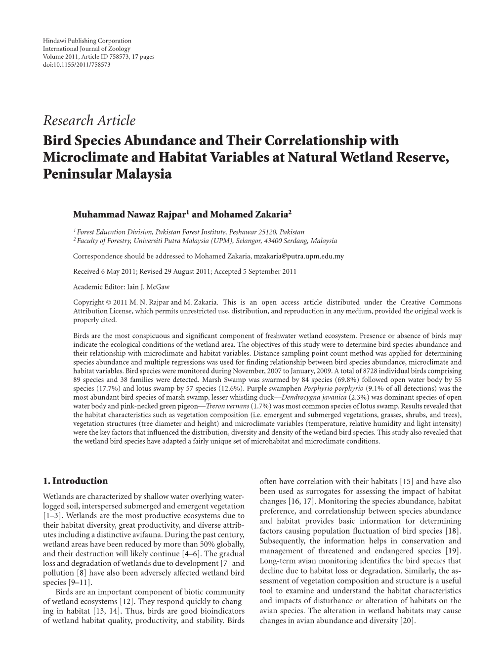 Bird Species Abundance and Their Correlationship with Microclimate and Habitat Variables at Natural Wetland Reserve, Peninsular Malaysia