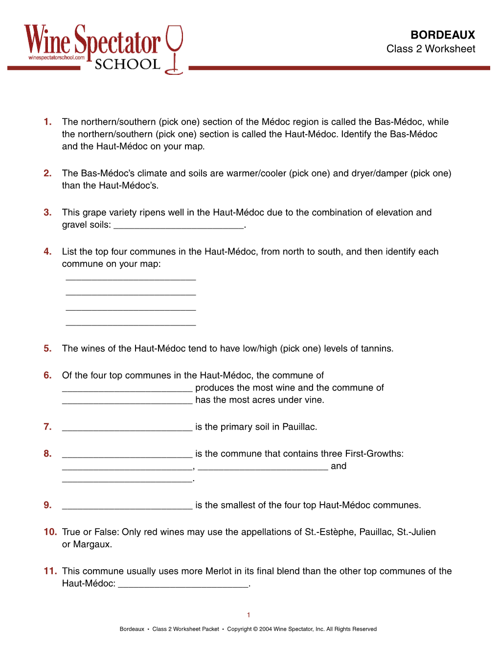 BORDEAUX Class 2 Worksheet