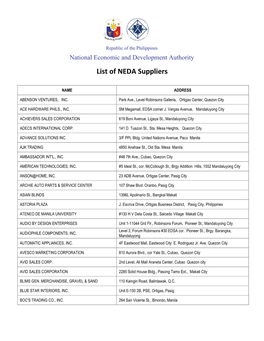 List of NEDA Suppliers