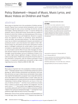 Policy Statement—Impact of Music, Music Lyrics, and Music Videos on Children and Youth