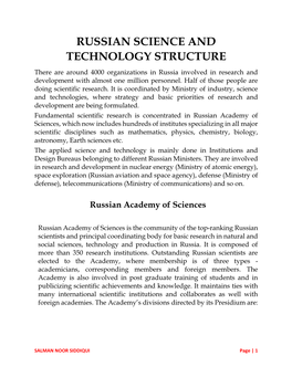 RUSSIAN SCIENCE and TECHNOLOGY STRUCTURE There Are Around 4000 Organizations in Russia Involved in Research and Development with Almost One Million Personnel
