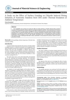 A Study on the Effect of Surface Grinding on Chloride Induced Pitting Initiation of Austenitic Stainless Steel 304 Under Thermal Insulation at Ambient Temperature