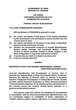 Government of India Ministry of Tourism Lok Sabha Unstarred Question No.†319 Answered on 24.06.2019 Tourist Circuit in Rajasth