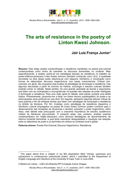 The Arts of Resistance in the Poetry of Linton Kwesi Johnson1