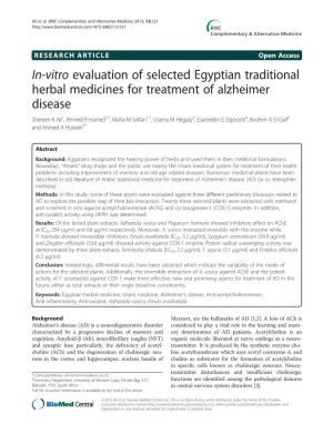 In-Vitro Evaluation of Selected Egyptian Traditional Herbal Medicines for Treatment of Alzheimer Disease