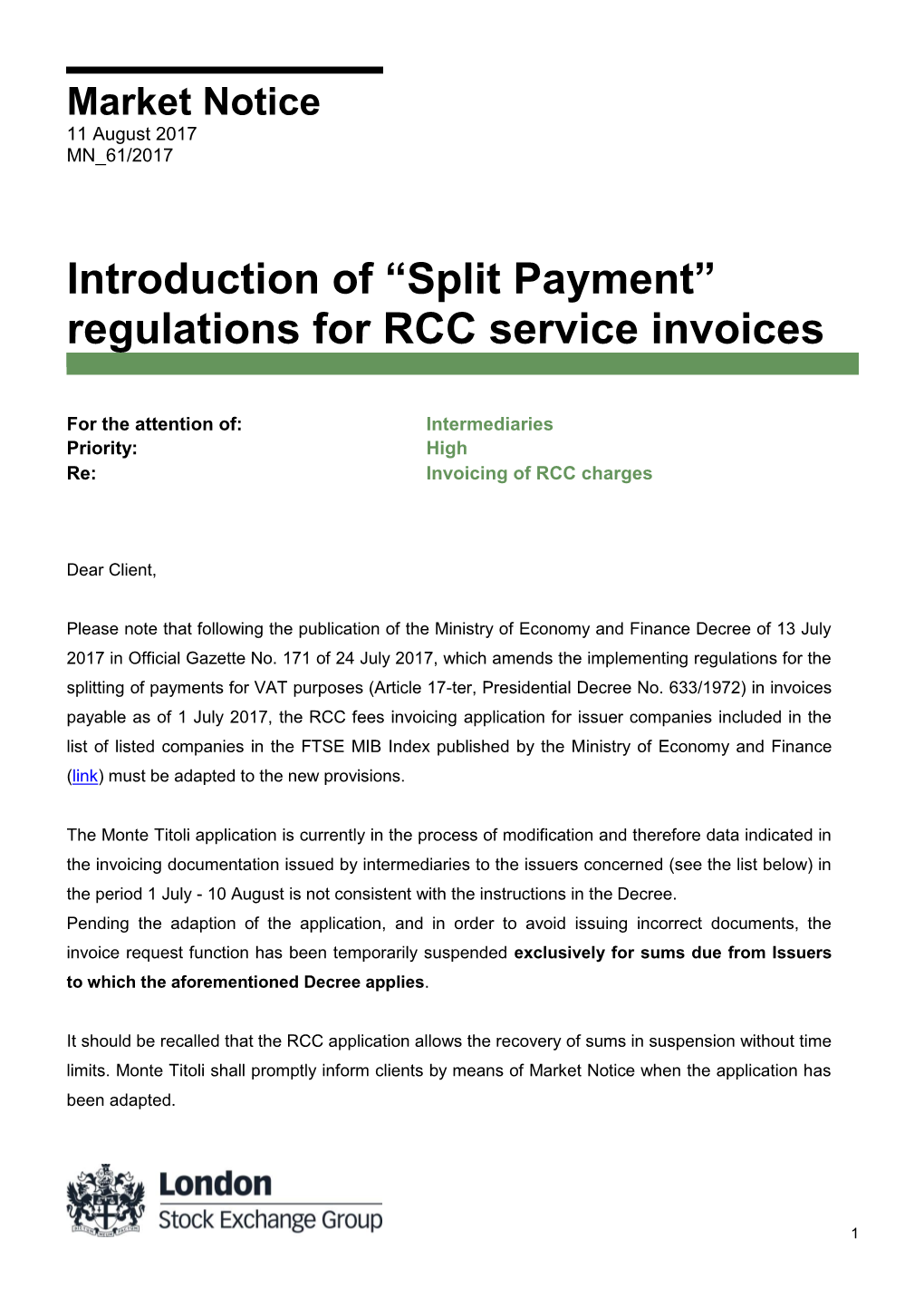 Introduction of “Split Payment” Regulations for RCC Service Invoices