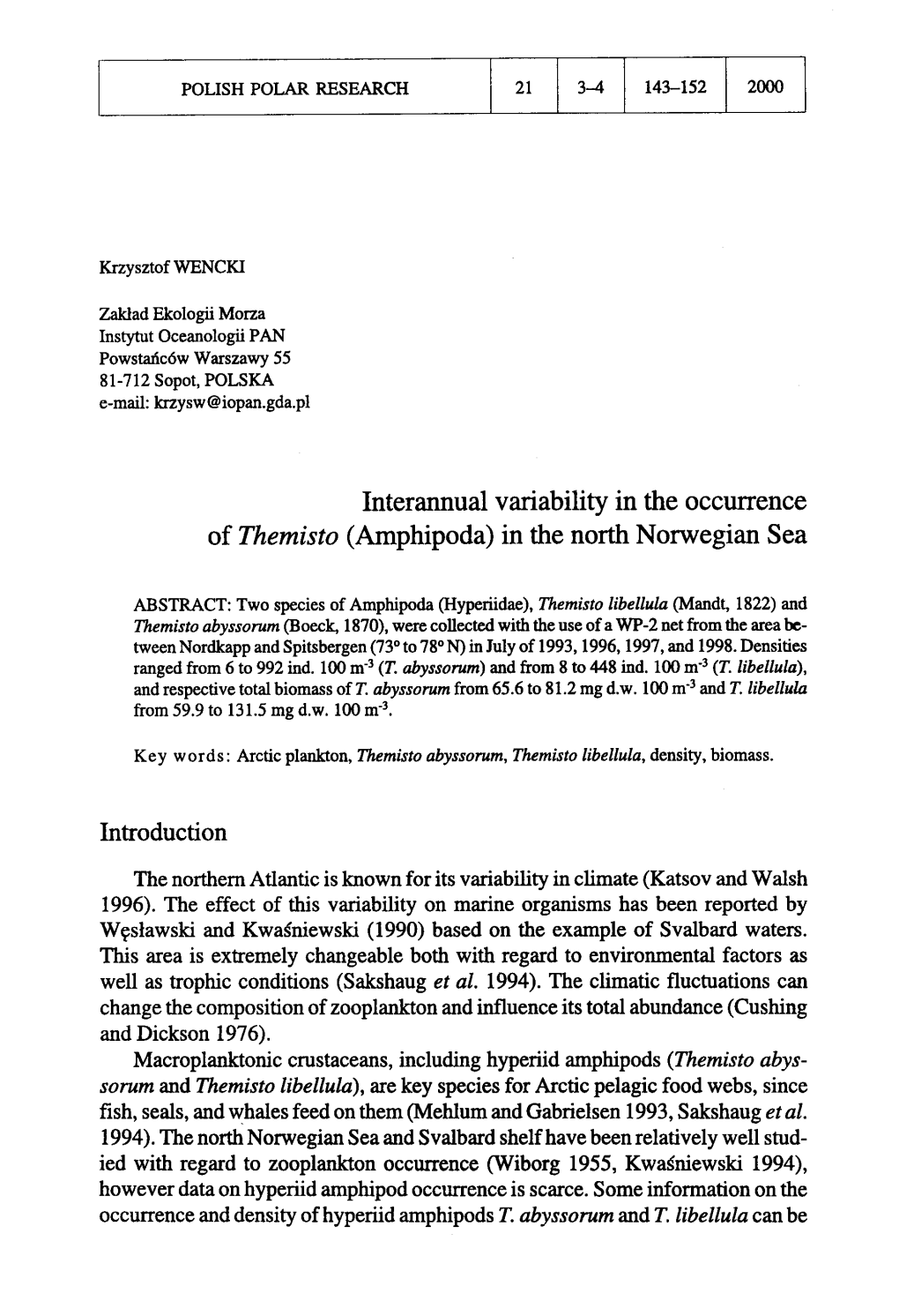 Interannual Variability in the Occurrence of Themisto (Amphipoda) in the North Norwegian Sea