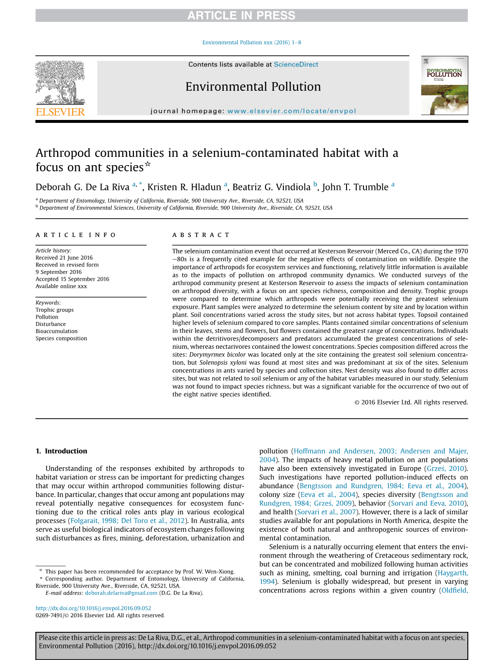 Arthropod Communities in a Selenium-Contaminated Habitat with a Focus on Ant Species*