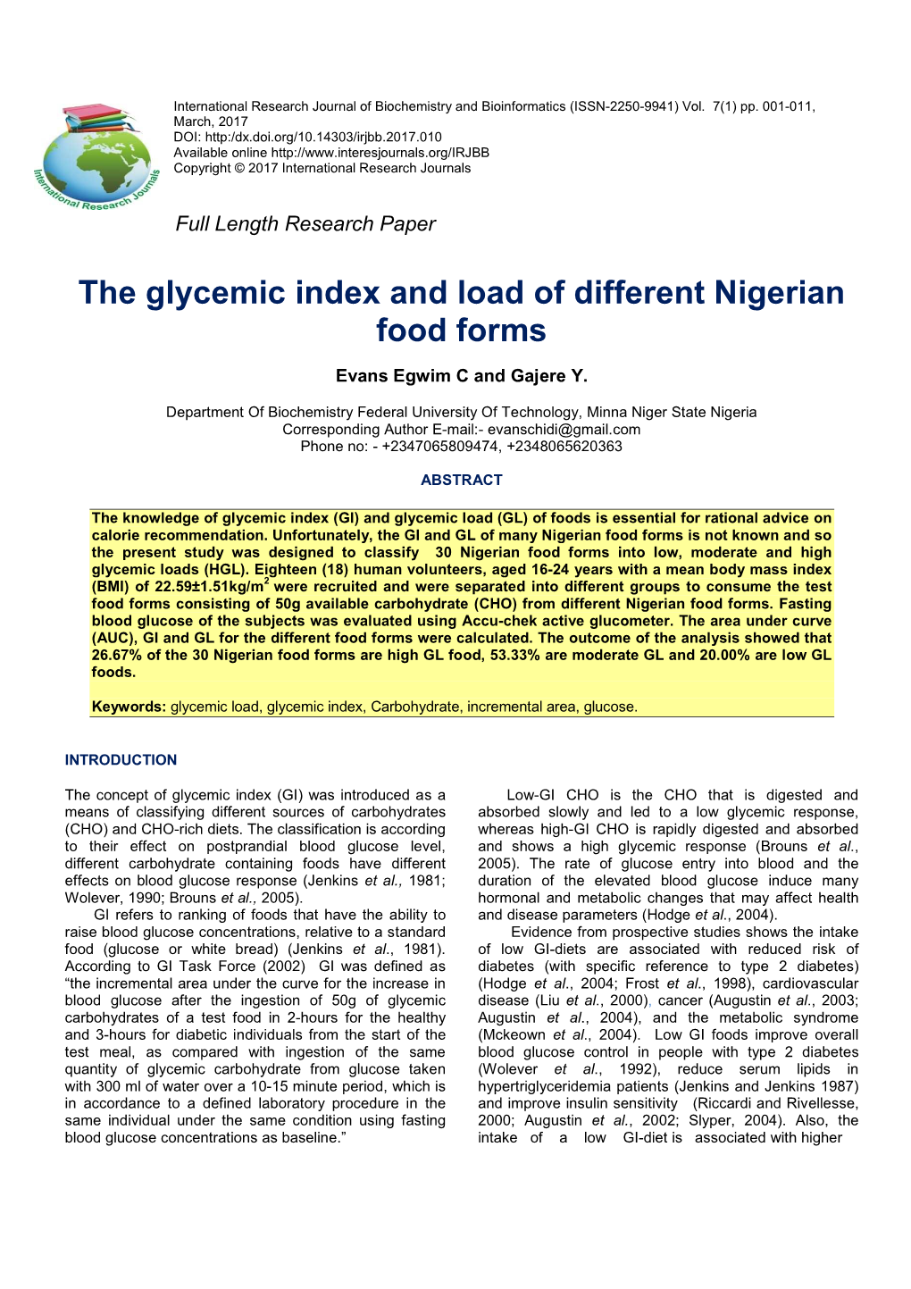 The Glycemic Index and Load of Different Nigerian Food Forms