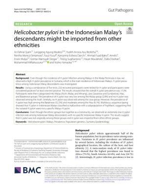 Helicobacter Pylori in the Indonesian Malay's Descendants Might Be