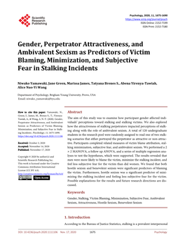 Gender, Perpetrator Attractiveness, and Ambivalent Sexism As Predictors of Victim Blaming, Minimization, and Subjective Fear in Stalking Incidents