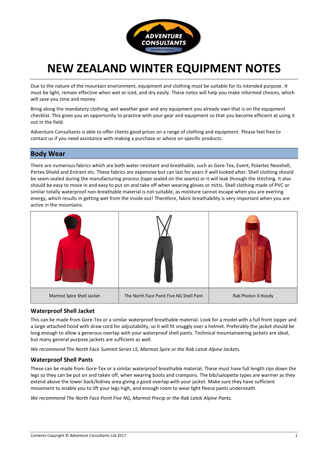 NZ Winter Equipment Notes 2017-18