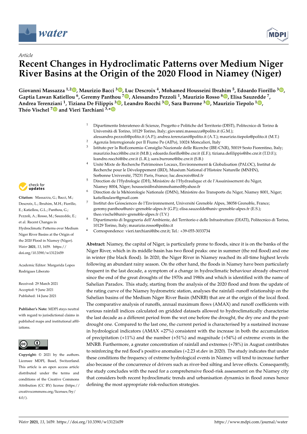 Recent Changes in Hydroclimatic Patterns Over Medium Niger River Basins at the Origin of the 2020 Flood in Niamey (Niger)