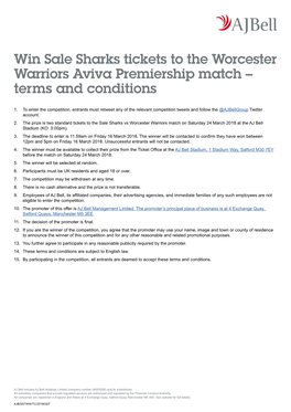 Win Sale Sharks Tickets to the Worcester Warriors Aviva Premiership Match – Terms and Conditions