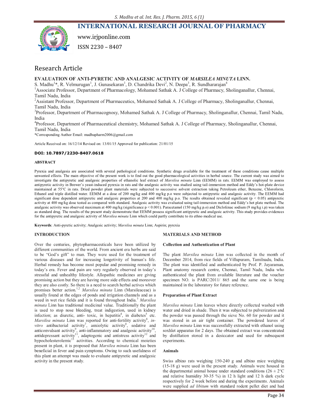 Evaluation of Anti-Pyretic and Analgesic Activity of Marsilea Minuta Linn