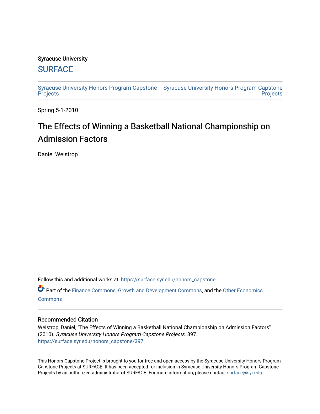 The Effects of Winning a Basketball National Championship on Admission Factors