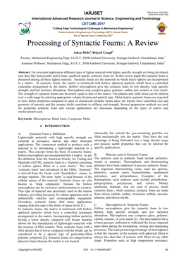 Processing of Syntactic Foams: a Review