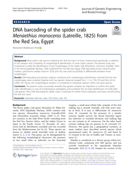 DNA Barcoding of the Spider Crab Menaethius Monoceros (Latreille, 1825) from the Red Sea, Egypt Mohamed Abdelnaser Amer