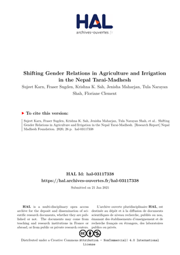 Shifting Gender Relations in Agriculture and Irrigation in the Nepal Tarai-Madhesh Sujeet Karn, Fraser Sugden, Krishna K