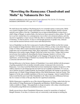 "Rewriting the Ramayana: Chandrabati and Molla" by Nabaneeta Dev Sen