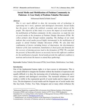 Social Media and Mobilization of Pashtun Community in Pakistan: a Case Study of Pashtun Tahafuz Movement