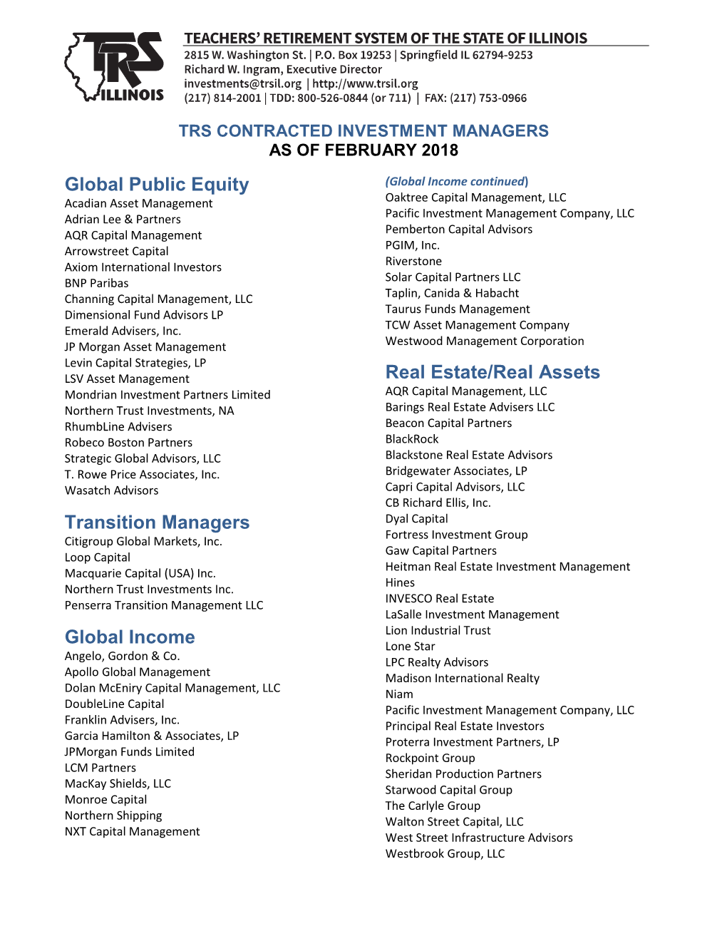 Trs Contracted Investment Managers As of February 2018