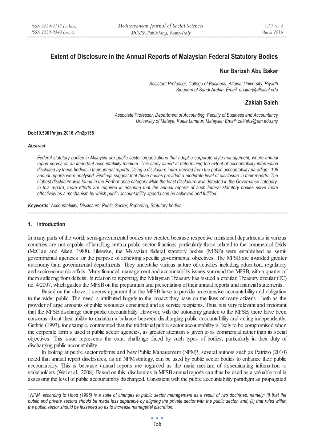 Extent of Disclosure in the Annual Reports of Malaysian Federal Statutory Bodies