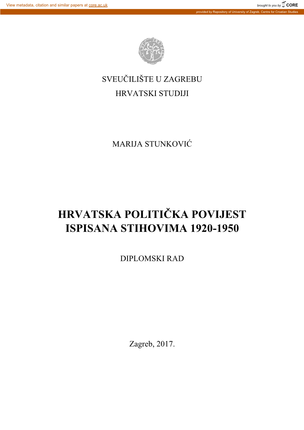 Hrvatska Politička Povijest Ispisana Stihovima 1920-1950