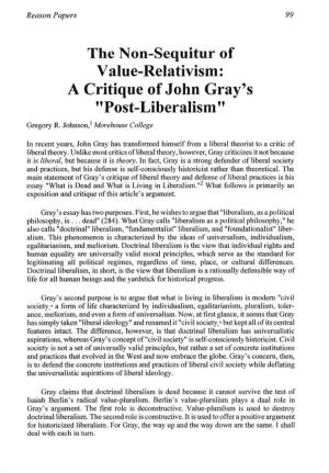 A Critique of John Gray's "Post-Liberalism" Gregory R