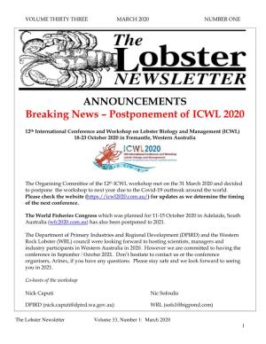 ANNOUNCEMENTS Breaking News – Postponement of ICWL 2020