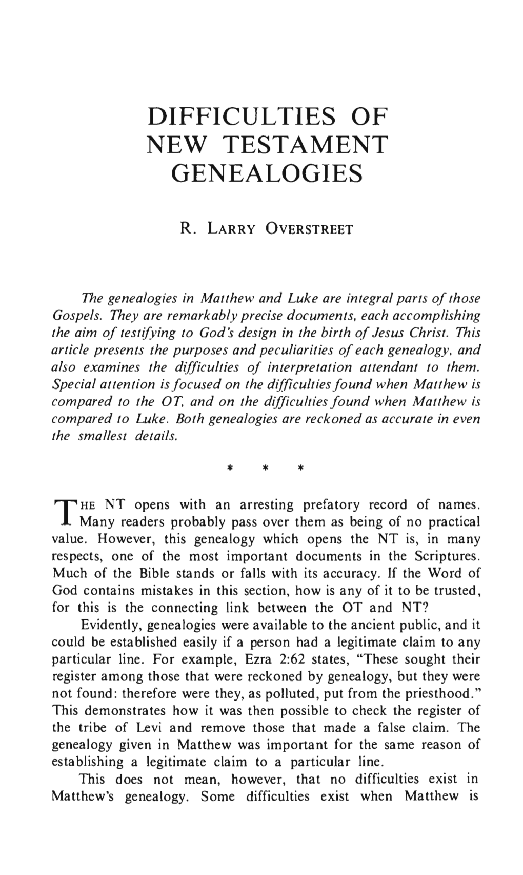 Difficulties of New Testament Genealogies