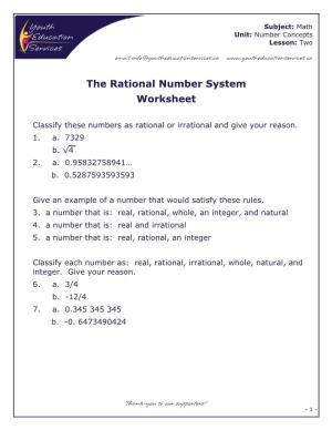 The Rational Number System Worksheet #1