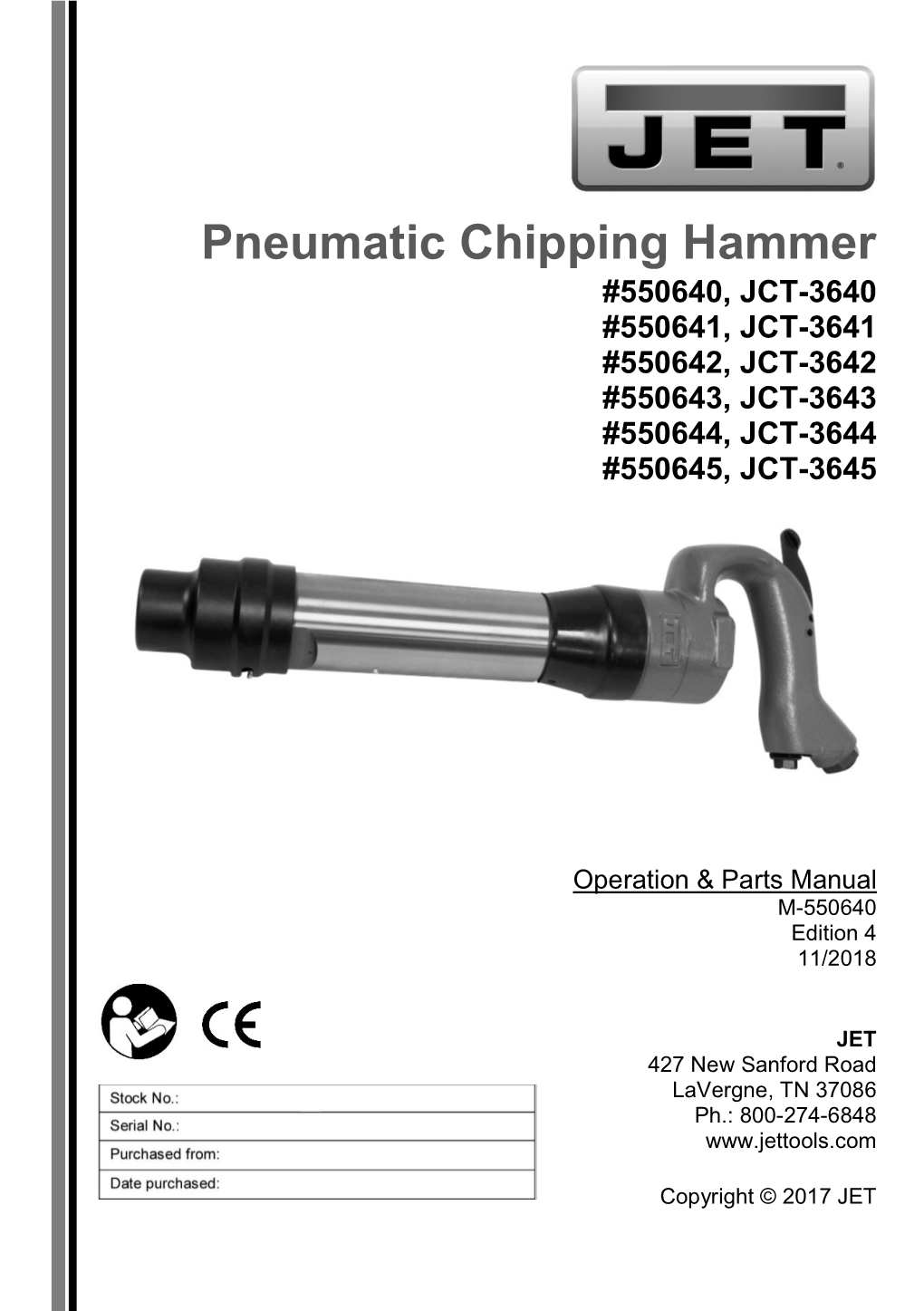 Pneumatic Chipping Hammer #550640, JCT-3640 #550641, JCT-3641 #550642, JCT-3642 #550643, JCT-3643 #550644, JCT-3644 #550645, JCT-3645