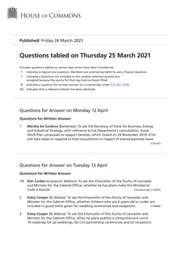 Questions Tabled on Thursday 25 March 2021