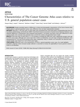 Characteristics of the Cancer Genome Atlas Cases Relative to U.S. General Population Cancer Cases