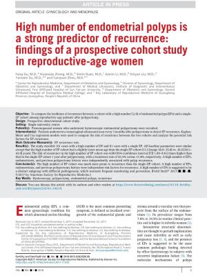 High Number of Endometrial Polyps Is a Strong Predictor of Recurrence: ﬁndings of a Prospective Cohort Study in Reproductive-Age Women