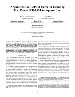 Arguments for USPTO Error in Granting U.S. Patent 9,904,924 to Square, Inc