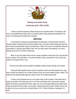 Blessing of the Easter Foods on Saturday, April 3, 2021 at 9 AM