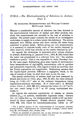 CCXL1.- the Electrochemistry of Solutions in Acetone. Part I