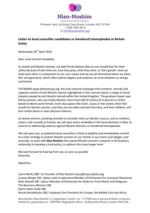 Letter to Local Councillor Candidates Re Gendered Islamophobia in Britain Today
