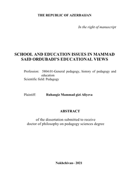 School and Education Issues in Mammad Said Ordubadi's Educational Views