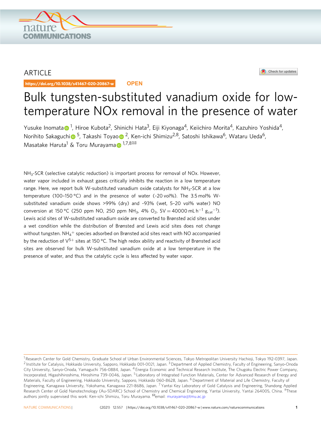 Bulk Tungsten-Substituted Vanadium Oxide for Low-Temperature Nox