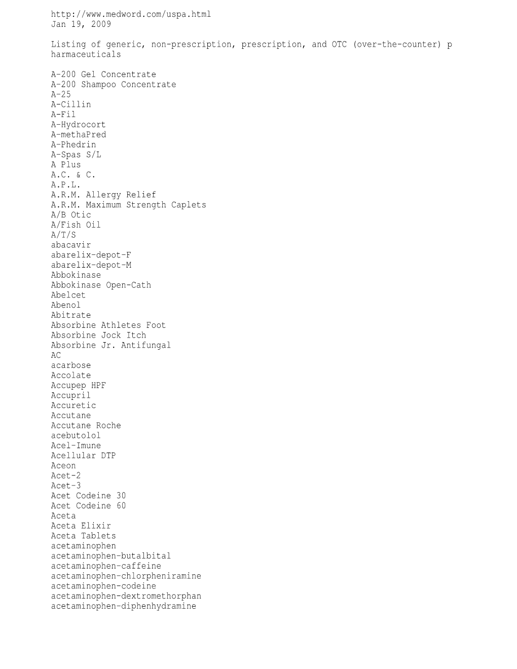 Jan 19, 2009 Listing of Generic, Non