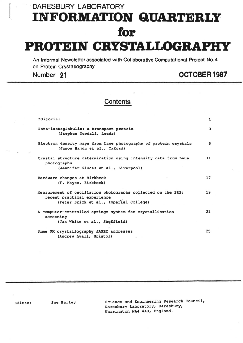 Information Quarterly Protein Crystallograpby