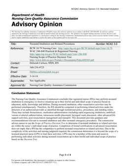 Nursing Care Quality Assurance Commission Advisory Opinion Neonatal Intubation and Related Procedures