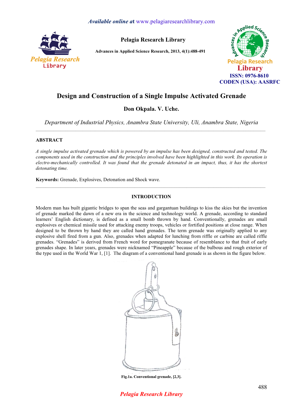 Design and Construction`Of a Single Impulse Activated Grenade