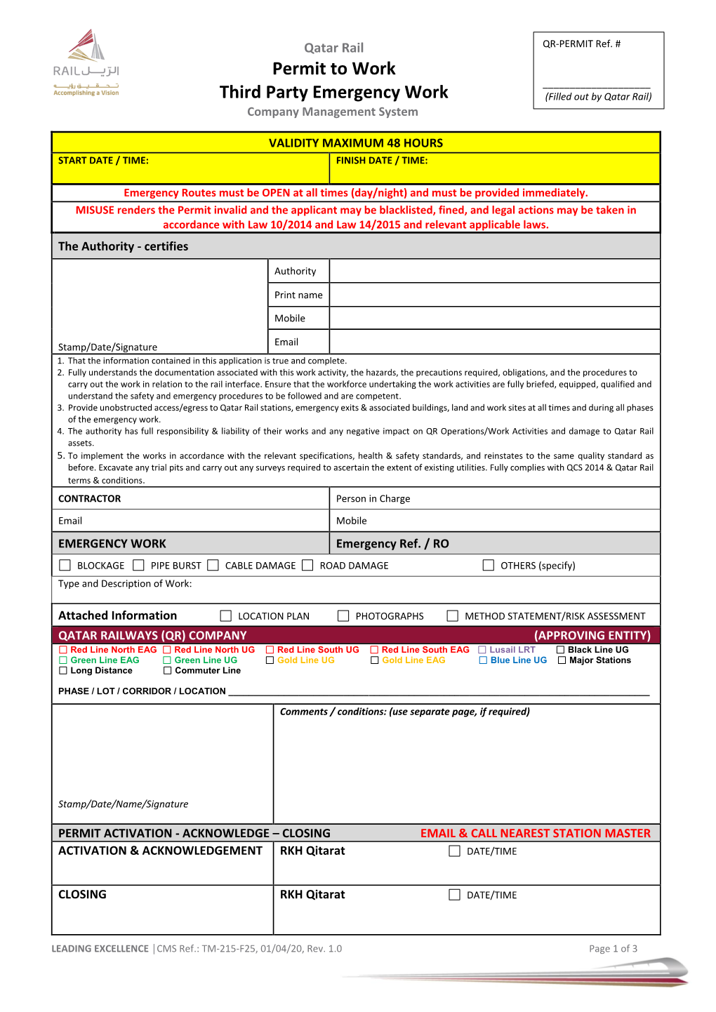 Permit to Work ______Third Party Emergency Work (Filled out by Qatar Rail) Company Management System