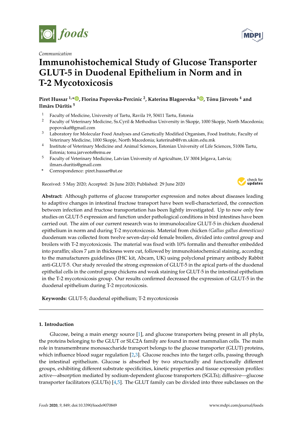 Immunohistochemical Study of Glucose Transporter GLUT-5 in Duodenal Epithelium in Norm and in T-2 Mycotoxicosis