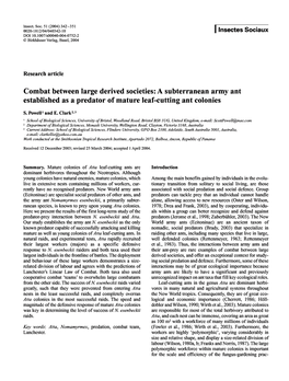 Combat Between Large Derived Societies: a Subterranean Army Ant Established As a Predator of Mature Leaf-Cutting Ant Colonies