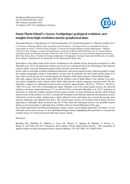 Santa Maria Island's (Azores Archipelago) Geological Evolution: New Insights from High-Resolution Marine Geophysical Data